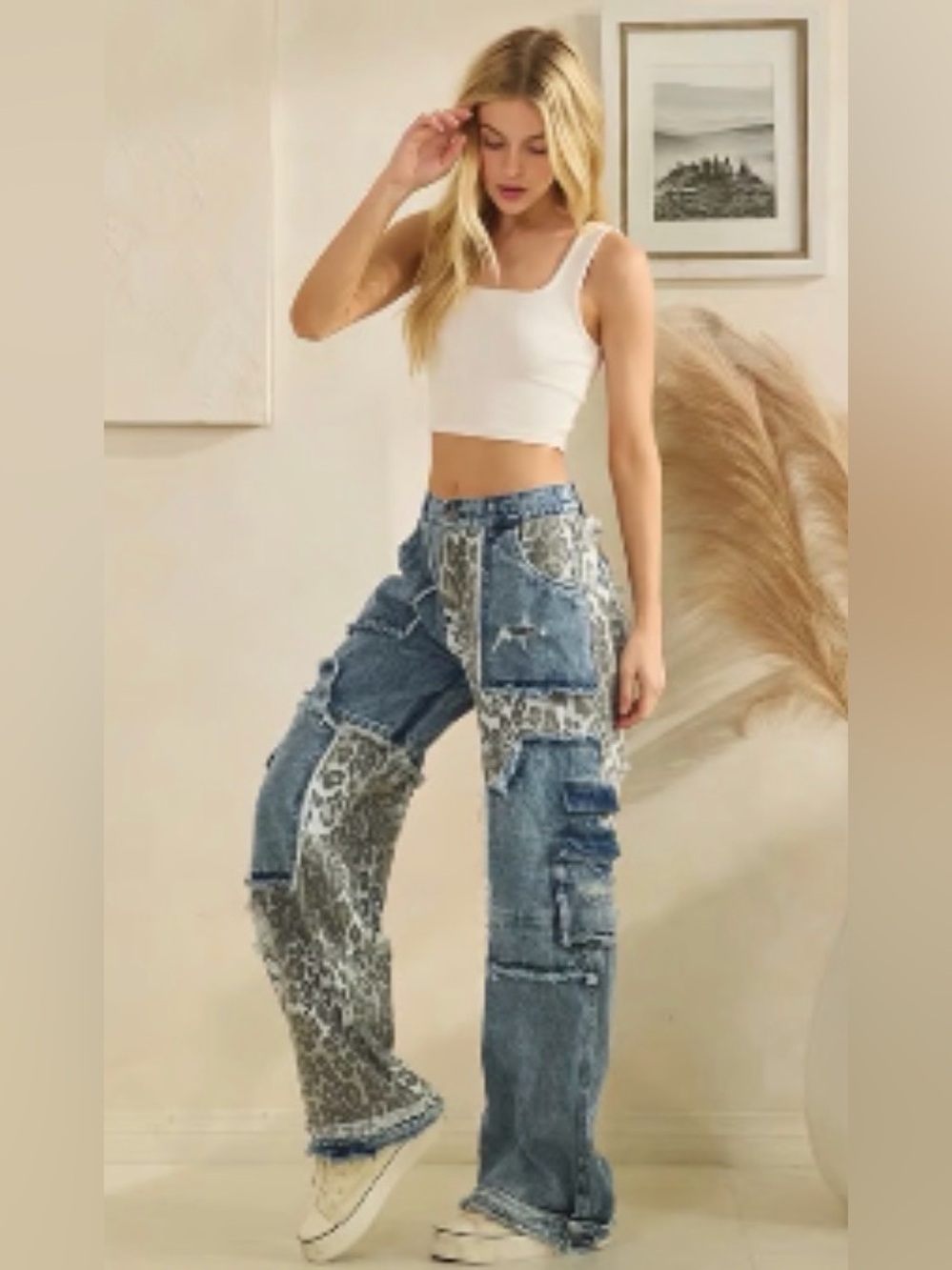 Spot On Leopard Print Women's Jeans - Denim Patch Detail - Picture 3 of 7
